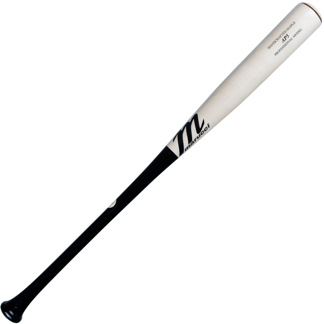 The Marucci AP5 Pro Model Maple Wood Bat: MVE4AP5 features a black handle fading to a natural barrel, with the MARUCCI logo near the top—perfect for power hitters who want classic style.