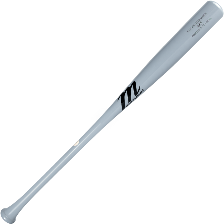 The Marucci AP5 Pro Model Maple Wood Bat: MVE4AP5 is a silver metallic bat with a black M logo and "Model: M271 Professional Model" text on the barrel—perfect for power hitters, shown against a plain white background. Brand: Marucci.