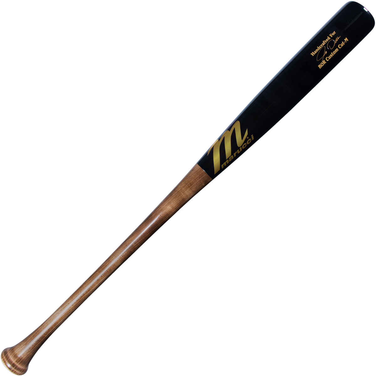 The Marucci Bringer of Rain Josh Donaldson Pro Exclusive Maple Wood Bat (MVE4BOR-FL/BK) features a natural brown handle, glossy black barrel, and gold branding—perfect for power hitters seeking elite performance.