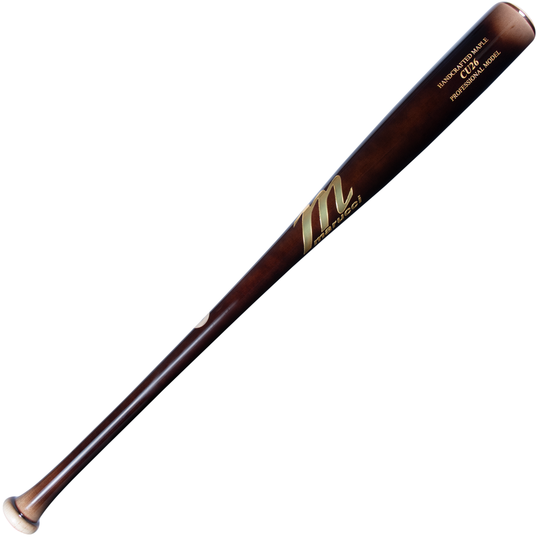 The Marucci CU26 Pro Model Maple Wood Bat (MVE4CU26) features a dark Eclipse finish with a contrasting knob and end, gold lettering, and a barrel logo for balanced performance.