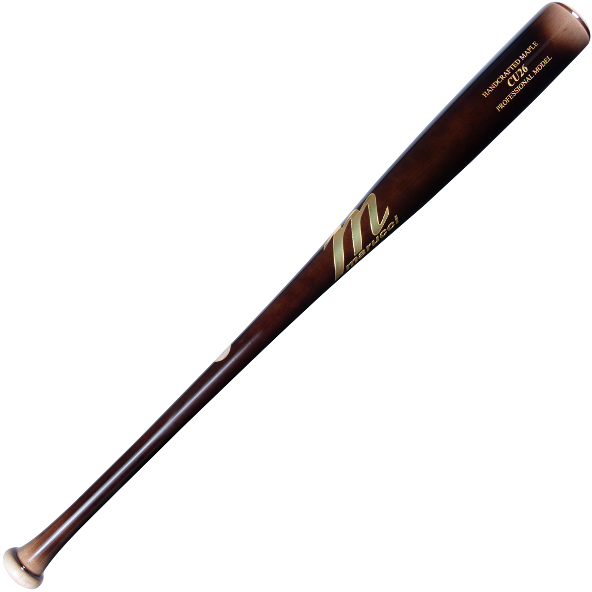 The Marucci CU26 Pro Model Maple Wood Bat (MVE4CU26) features a dark Eclipse finish with a contrasting knob and end, gold lettering, and a barrel logo for balanced performance.