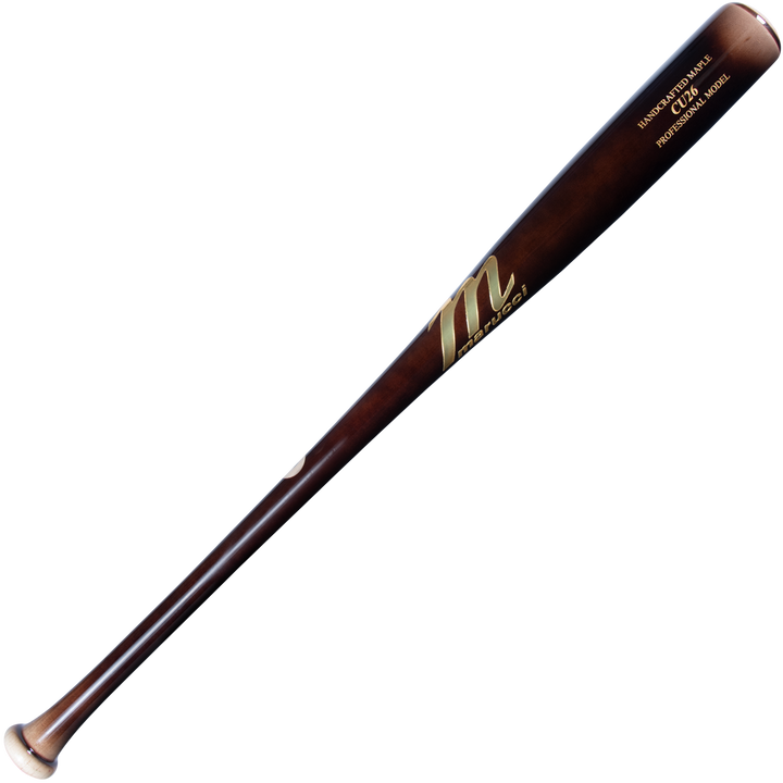 The Marucci CU26 Pro Model Maple Wood Bat (MVE4CU26) features a dark Eclipse finish with a contrasting knob and end, gold lettering, and a barrel logo for balanced performance.