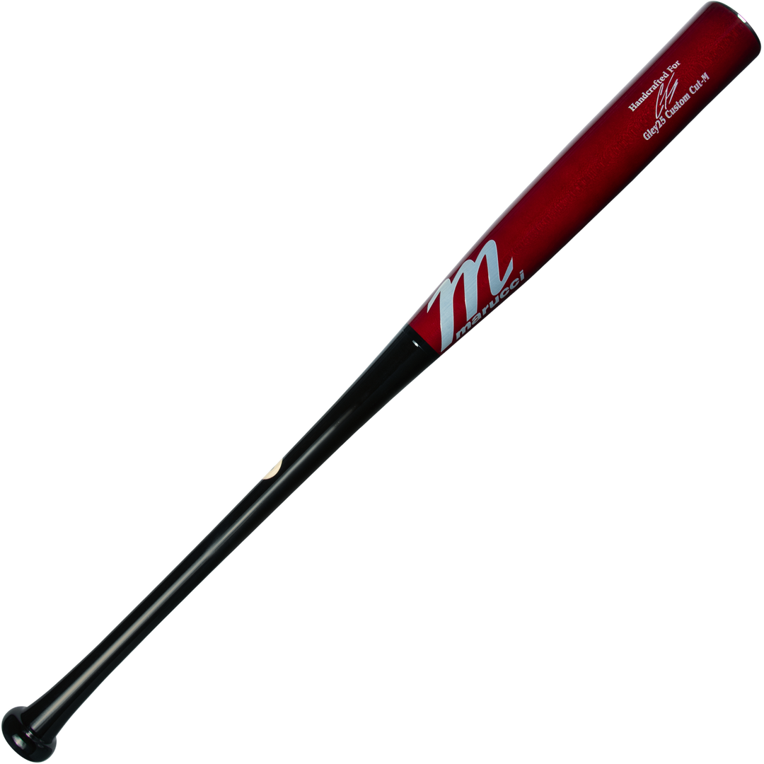 The Marucci GLEY25 Gleyber Torres Pro Exclusive Maple Wood Bat (MVE4GLEY25-BK/LCH) features a black and red finish with a white "M" logo and text near the barrel, highlighting Marucci's renowned craftsmanship on a sleek design.
