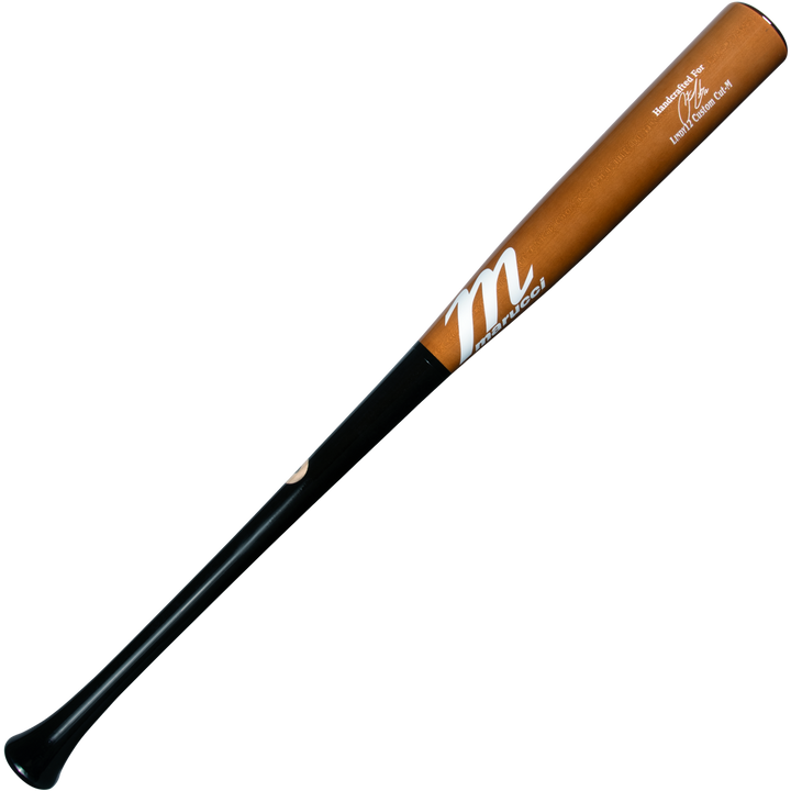 The Marucci LINDY12 Francisco Lindor Pro Exclusive Maple Wood Bat (MVE4LINDY12) features a brown barrel, black handle, and white Marucci logo with manufacturer details near the barrel end, shown on a plain white background.