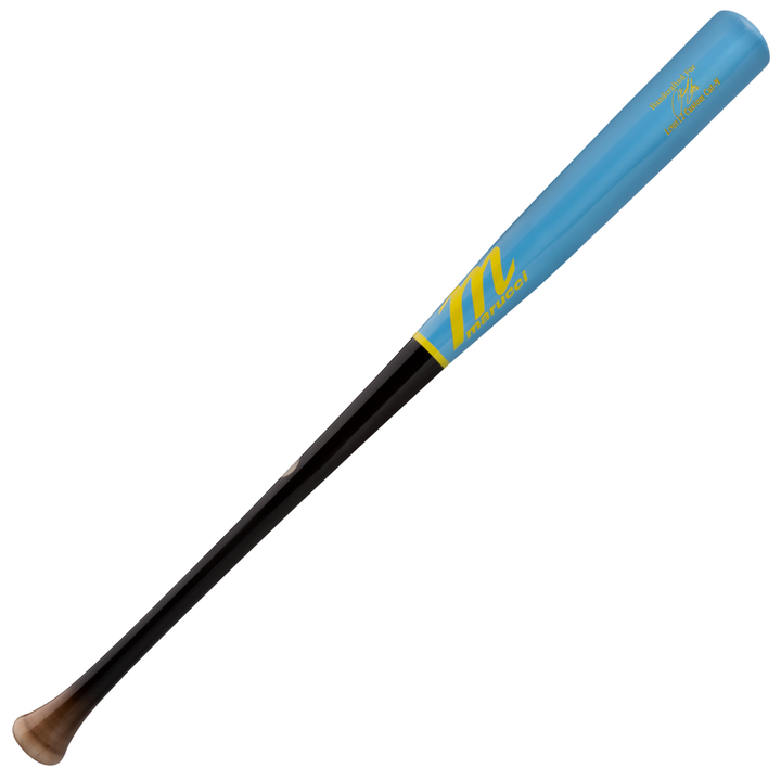 The Marucci LINDY12 Francisco Lindor Pro Exclusive Maple Wood Bat (MVE4LINDY12) features a natural wood handle, black barrel, and a light blue end with yellow writing and logo—crafted by Marucci for Lindor’s pro-inspired performance.
