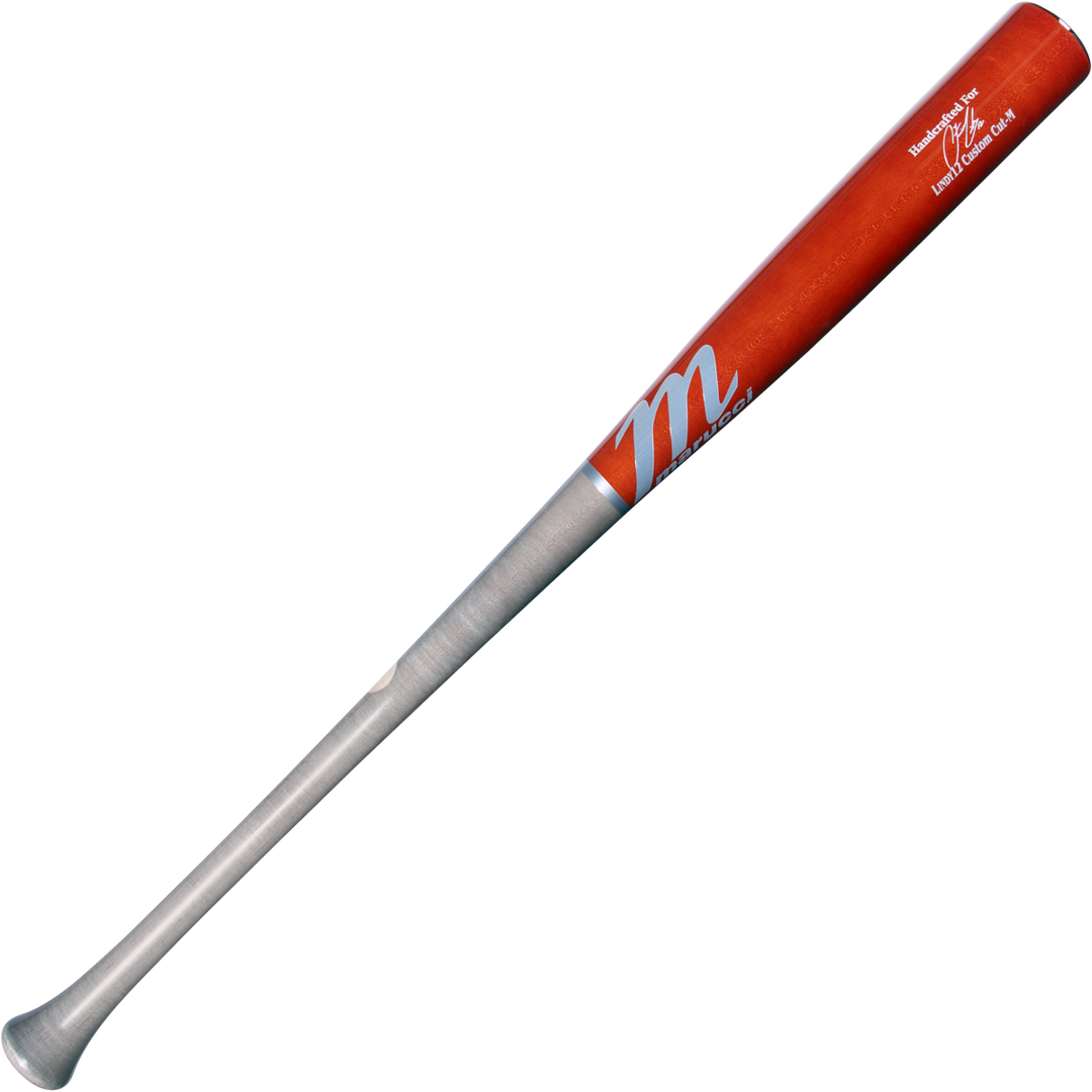 The Marucci LINDY12 Francisco Lindor Pro Exclusive Maple Wood Bat (MVE4LINDY12) features a silver handle, red barrel, white M logo, and white text near the top, shown isolated on a white background.