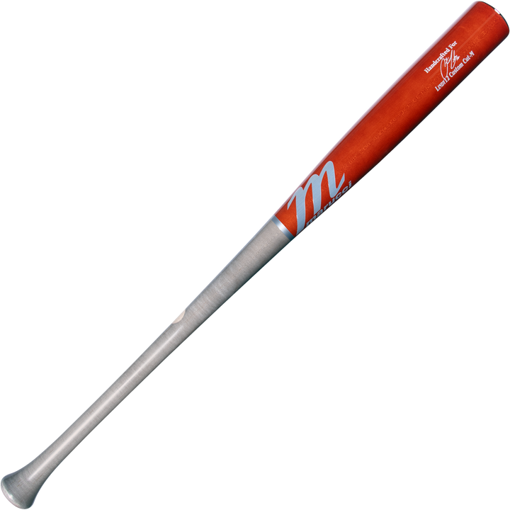The Marucci LINDY12 Francisco Lindor Pro Exclusive Maple Wood Bat (MVE4LINDY12) features a silver handle, red barrel, white M logo, and white text near the top, shown isolated on a white background.