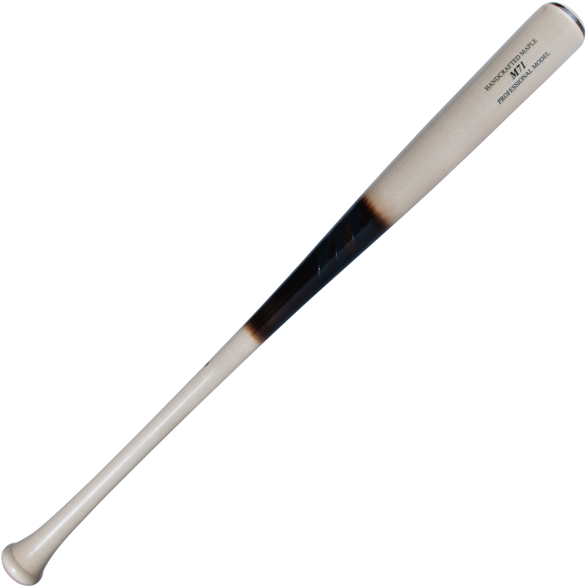 The Marucci M71 Pro Model Maple Wood Bat (MVE4M71-TAR) by Marucci features a light natural finish, a black and brown barrel gradient, printed text near the top, and offers hitters a balanced feel.