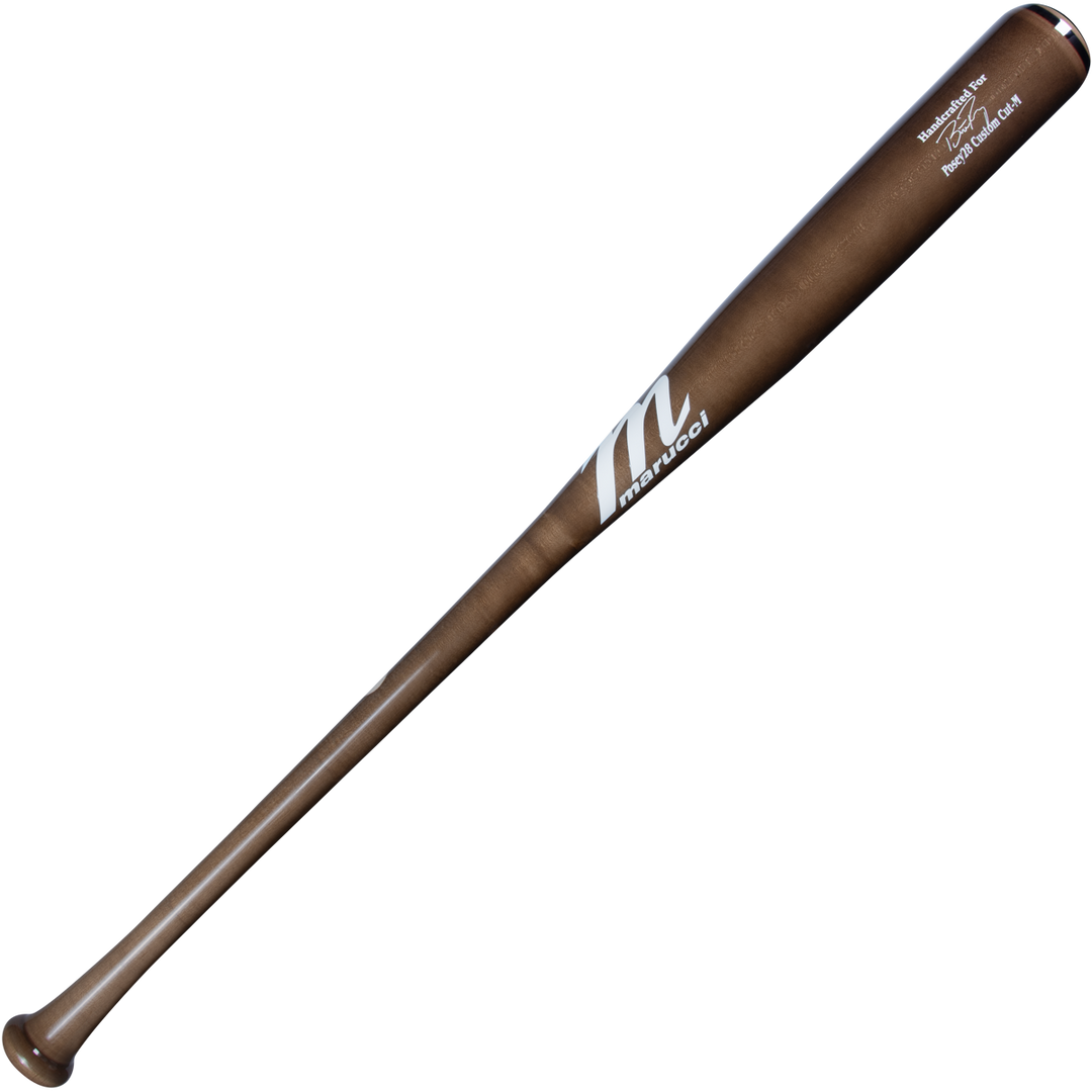 The Marucci POSEY28 Buster Posey Pro Exclusive Maple Wood Bat (MVE4POSEY28-LBR) features a brown, end-loaded design with a silver Marucci logo near the barrelāideal for power hitters. Displayed on a plain white background.