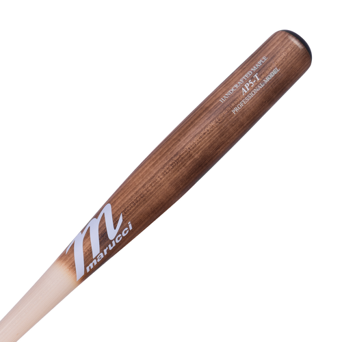 A close-up of the Marucci AP5 Torpedo Pro Model Maple Wood Bat (MVE5AP5T) with a brown-to-natural fade, showing the Marucci logo and model info on a light gray backgroundโcrafted for power hitters.