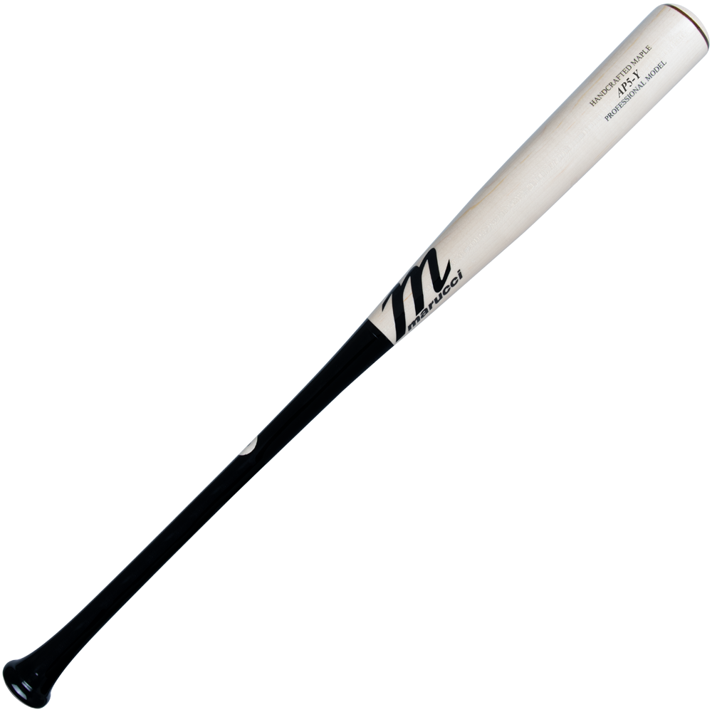 The Marucci AP5 Youth Pro Model Maple Wood Bat (MYVE4AP5) features a two-tone design with a light barrel and black handle, ideal for young power hitters seeking top performance. Marucci branding appears near the end of the barrel.