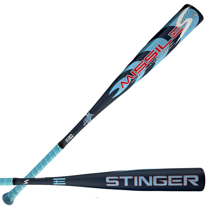 Two blue and black 2024 Stinger Missile S (-3) BBCOR bats by Stinger Sports, one diagonal and one horizontal, feature bold MISSILE and STINGER logos, patterned grips, modern graphics, and a balanced swing weight for top performance.