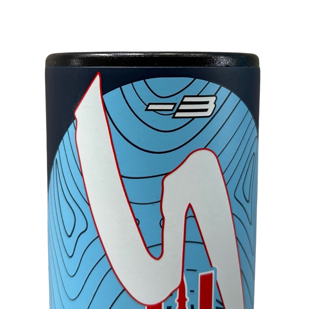 Close-up of the 2024 Stinger Missile S (-3) BBCOR Baseball Bat by Stinger Sports, showing a blue wavy line pattern, white-red abstract design, and a prominent "-3" on top—signifying vibration-reducing tech for improved performance.