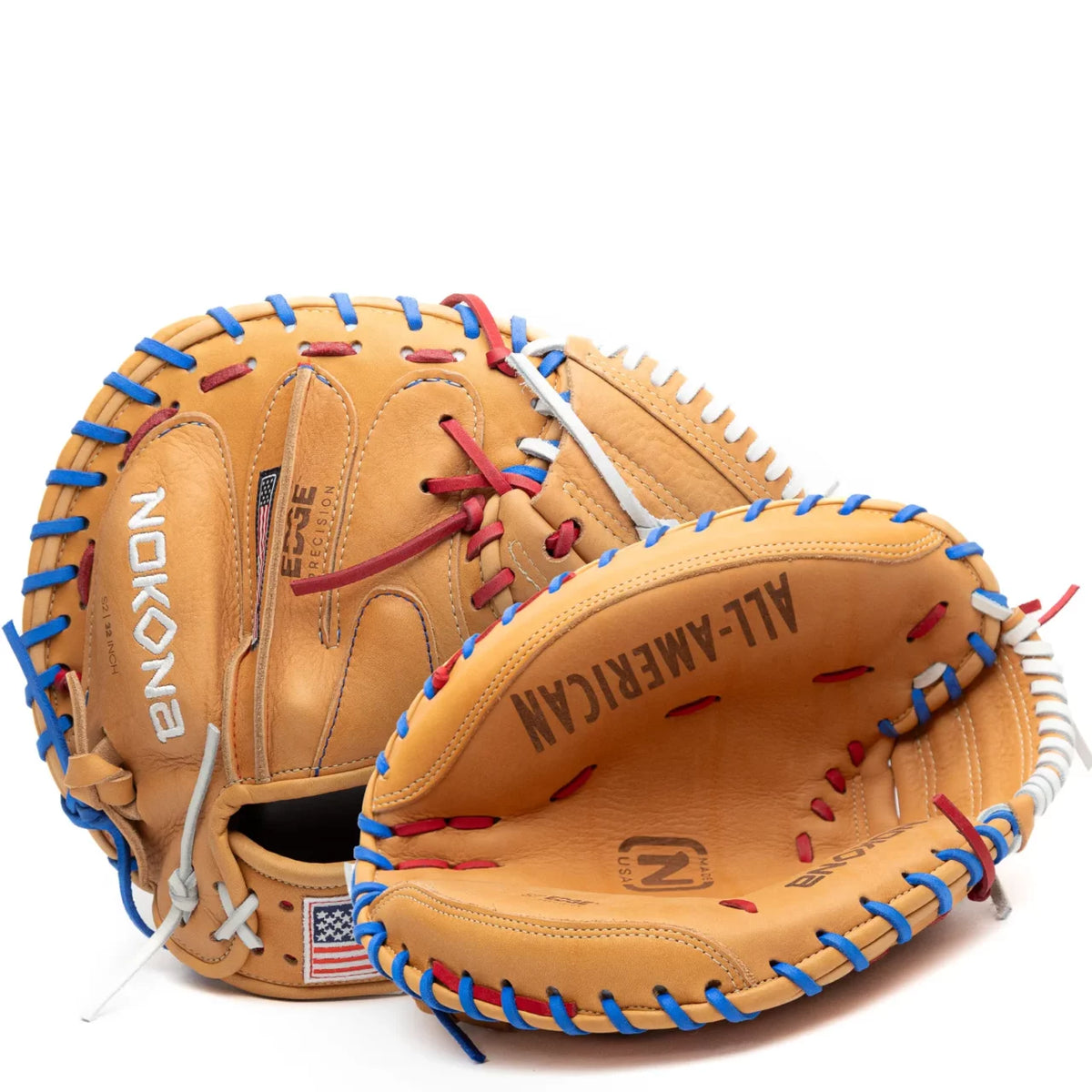 Tan Nokona S1 All-American 32″ Baseball Catcher’s Mitt (S1-EP2POP) with red, white, and blue lacing, featuring the text Nokona and All-American embossed on the leather.