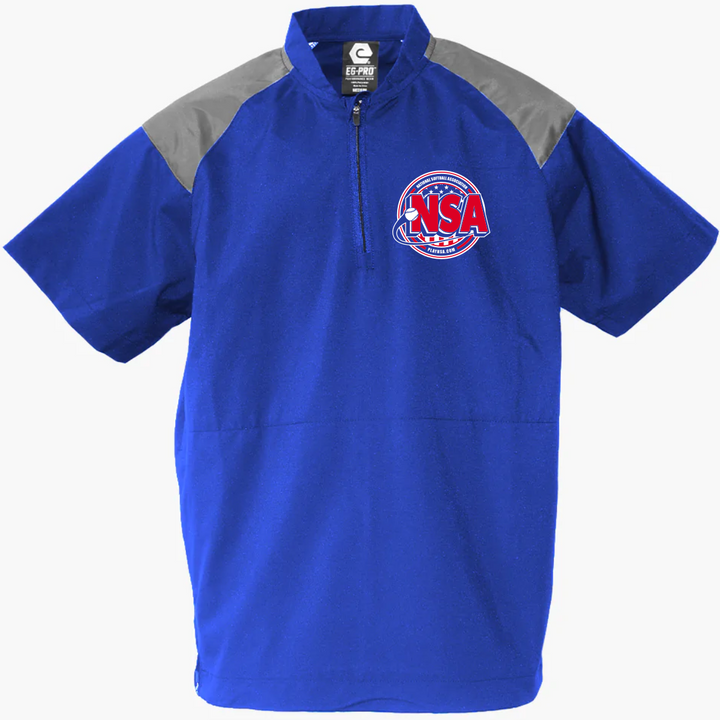 The DSG Apparel National Softball Association NSA Cage Jacket (R601) is a blue polyester microfiber short-sleeve pullover with gray shoulder panels, quarter-zip collar, red/white/blue NSA softball logo on the chest, and moisture management.
