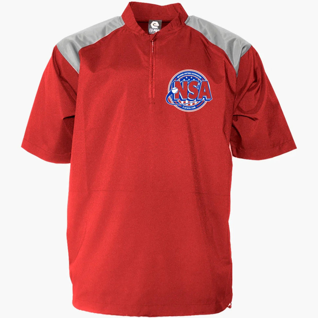 The DSG Apparel National Softball Association NSA Cage Jacket: R601 is a red short-sleeve athletic shirt with gray shoulder panels, a quarter-zip collar, moisture-wicking fabric, and a blue and white NSA logo with stars on the left chest.