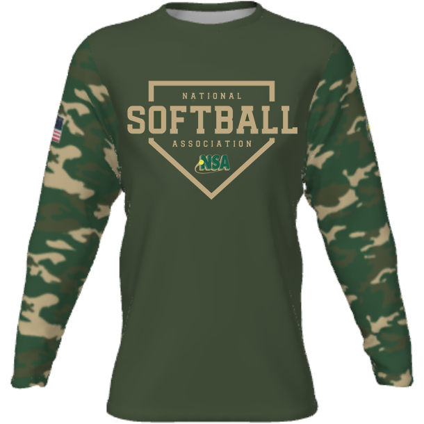 The DSG Apparel National Softball Association NSA CAMO Sublimated Long Sleeve Shirt features moisture-wicking fabric, camo sublimation, an American flag patch, and a bold NSA logo on the chest.