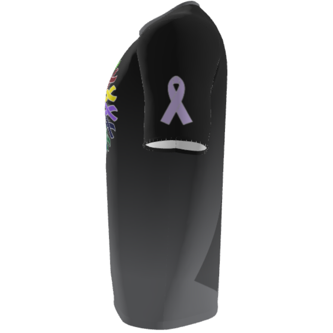 The DSG Apparel National Softball Association (NSA) Cancer Awareness Sublimated Short Sleeve Shirt features a side-viewed black design with a lavender ribbon on the sleeve, partial colorful handprints on the front, and moisture-wicking comfort all day.