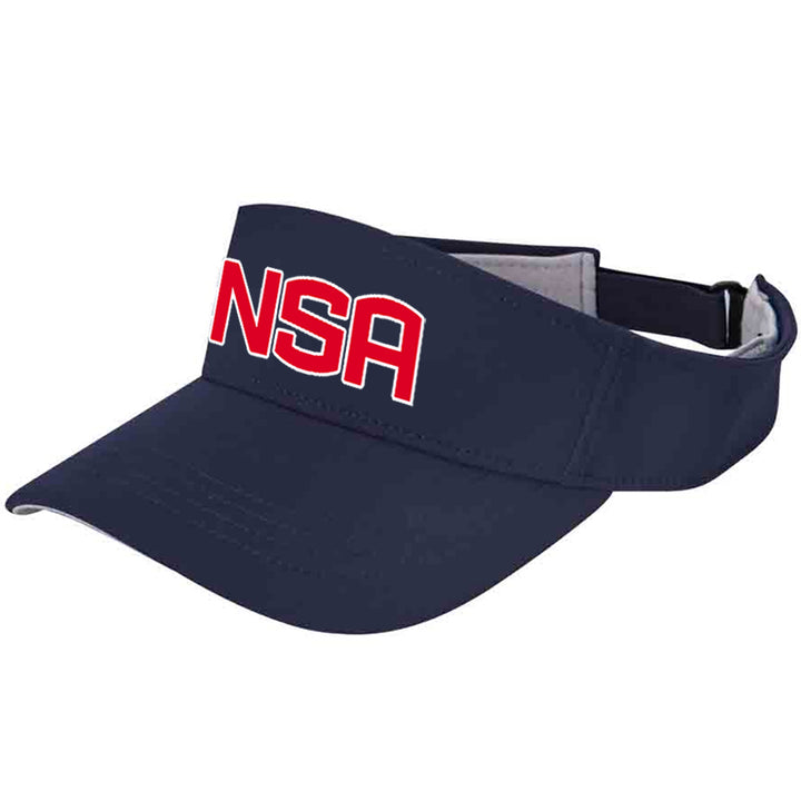 The Champro Sports NSA Classic Series Visor: HV6 is navy blue with bold red and white NSA lettering on the front, an adjustable back strap, and moisture-wicking fabric for cool comfort.