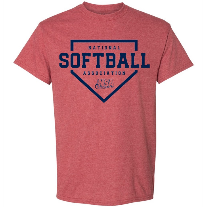 The DSG Apparel National Softball Association NSA Home Plate Short Sleeve Shirt is a red heather tee with a navy home plate graphic and National Softball Association text plus the NSA logo on the front.