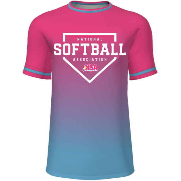 The DSG Apparel National Softball Association NSA Fade Sublimated Short Sleeve Shirt in pink/blue features moisture-wicking fabric and white text for all-day comfort.