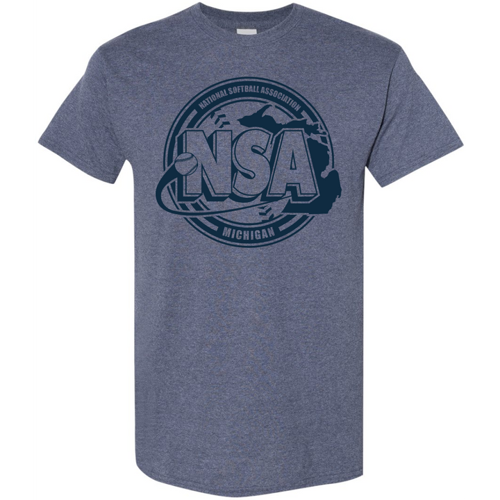 The DSG Apparel National Softball Association NSA Michigan Crest Short Sleeve Shirt features a heather blue design with a bold NSA logo, softball graphic, and "National Softball Association Michigan" on the front.