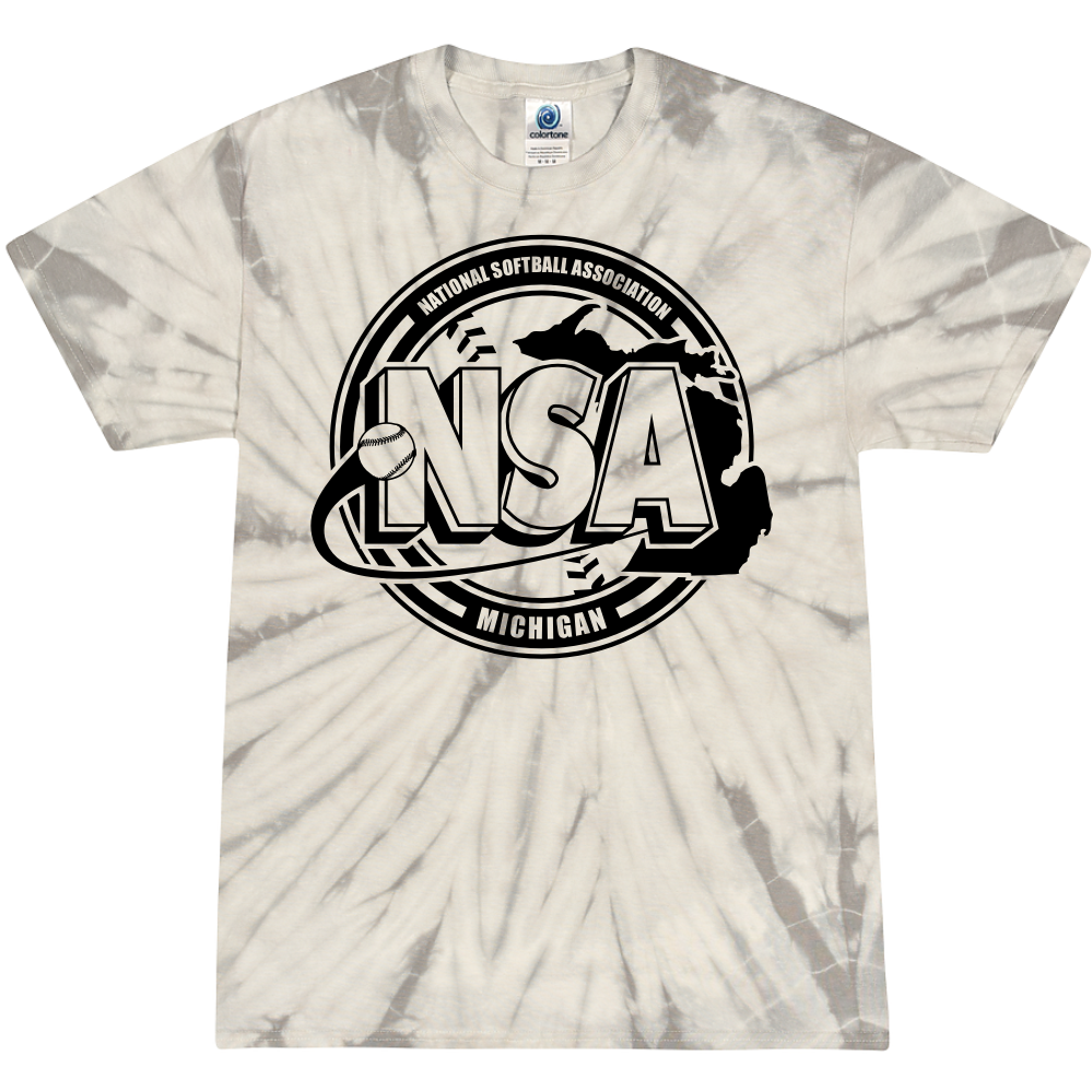 The DSG Apparel National Softball Association NSA Michigan Crest Short Sleeve Shirt features a white and gray tie-dye design with Michigan and NSA logos, softball graphic, and the state outline.