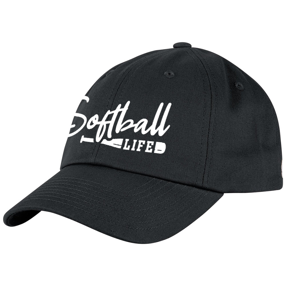 Show your softball pride on and off the field with the Champro Sports NSA Softball Life Classic Hat (HC9-SL)—a black cap featuring "Softball LIFE" and a bat graphic in white.