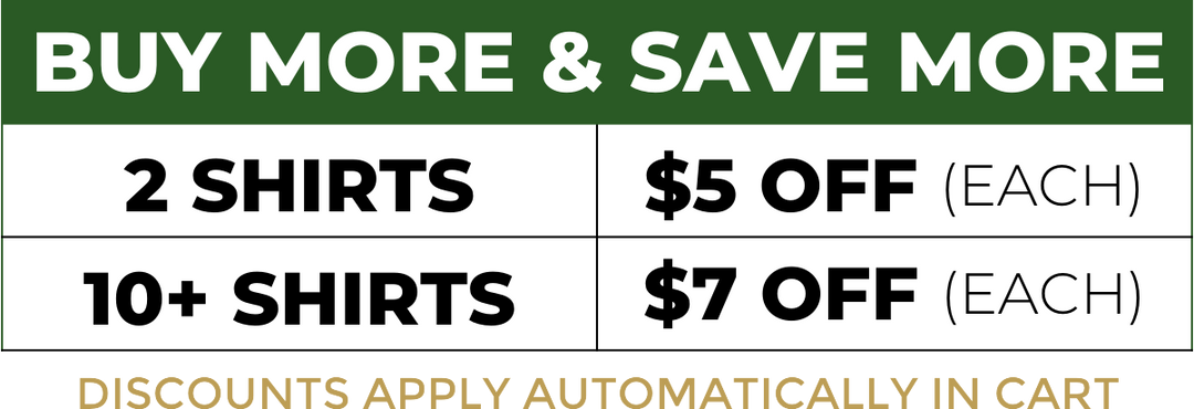 Promotional sign showing shirt discounts: Buy 2 shirts, get $5 off each; buy 10 or more shirts, get $7 off each. Discounts apply automatically in cart.