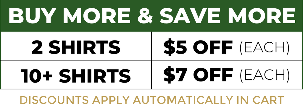 Promotional banner: Buy more & save more. Get $5 off each for 2 shirts, $7 off each for 10 or more shirts. Discounts apply automatically in cart.