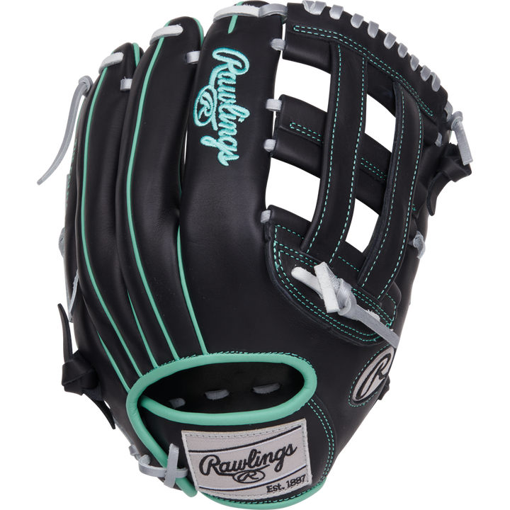 The Rawlings NXT 12.5" Baseball Glove (NXT3028U-6B) is a black outfield glove with light blue-green accents, white stitching, a woven Pro-H web, and features the Rawlings logo in white and blue on the back.