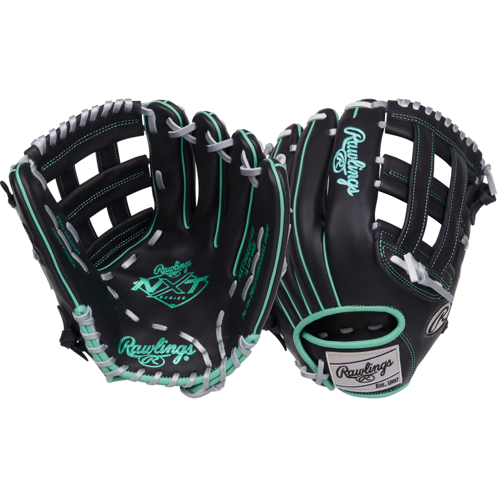 The Rawlings NXT 12.5" Baseball Glove (NXT3028U-6B) is shown in black with teal and white accents, one showcasing the Pro-H web and the other displaying its palm with distinctive Rawlings logos.