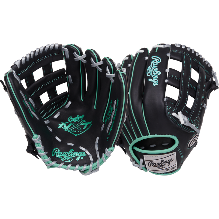 The Rawlings NXT 12.5" Baseball Glove (NXT3028U-6B) is shown in black with teal and white accents, one showcasing the Pro-H web and the other displaying its palm with distinctive Rawlings logos.
