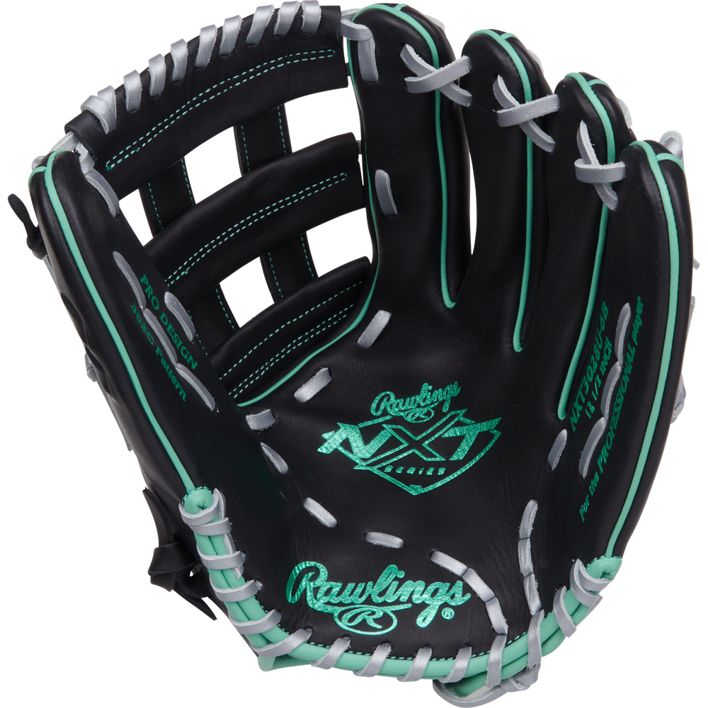 The Rawlings NXT 12.5" Baseball Glove (NXT3028U-6B) in black features teal and white stitching, an open Pro-H web, and displays brand logos and model details on the palm, facing up.