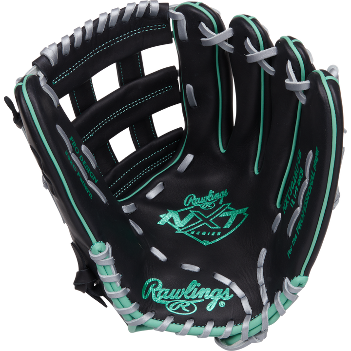 The Rawlings NXT 12.5" Baseball Glove (NXT3028U-6B) in black features teal and white stitching, an open Pro-H web, and displays brand logos and model details on the palm, facing up.