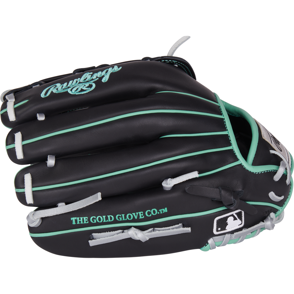 The Rawlings NXT 12.5" Baseball Glove (NXT3028U-6B) is black with teal accents, white laces, and THE GOLD GLOVE CO. in teal on the side. It features a Pro-H web and MLB logo near the thumb—ideal for outfielders.