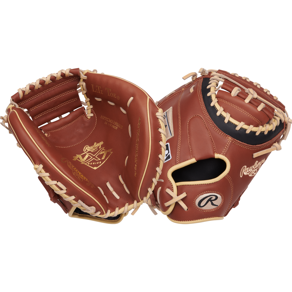 A pair of Rawlings NXT 32.5" Baseball Catcher's Mitts (NXTCM325UDB) in brown with tan laces—one shows the gold-branded palm, the other the back, featuring ContoUR fit and an adjustable wrist strap.