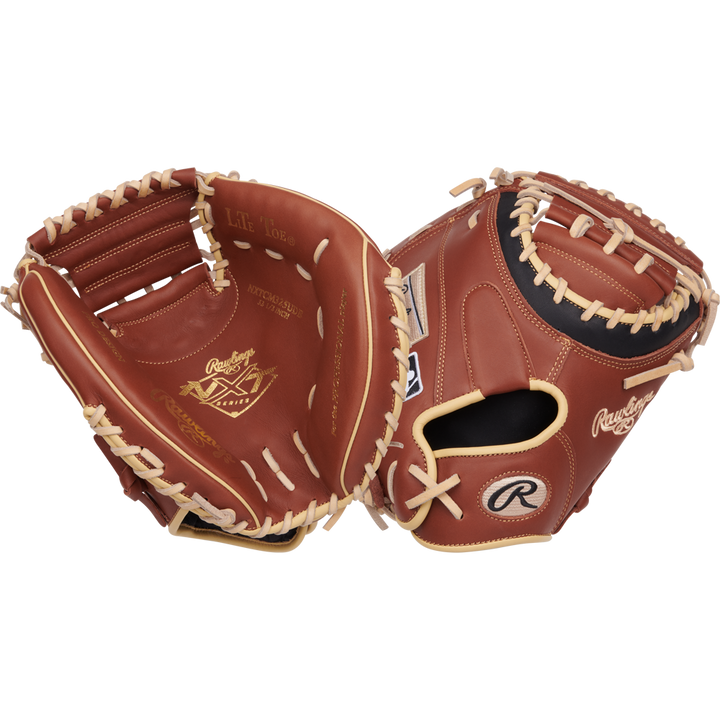 A pair of Rawlings NXT 32.5" Baseball Catcher's Mitts (NXTCM325UDB) in brown with tan laces—one shows the gold-branded palm, the other the back, featuring ContoUR fit and an adjustable wrist strap.