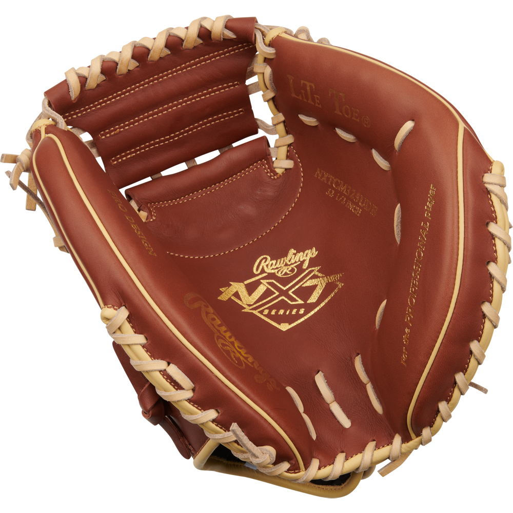 The Rawlings NXT 32.5" Baseball Catcher's Mitt (NXTCM325UDB) features brown leather, tan laces, a gold logo, MVP SERIES branding, visible stitching, and ContoUR fit design for comfort and performance.