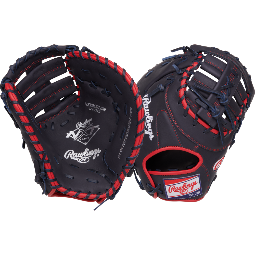 Two dark blue Rawlings NXT 12.25" First Base Mitts (NXTDCTU-10N) with red lacing and white logos are shown—one showing the palm, the other the back patch and finger slots—ideal for travel ball players.
