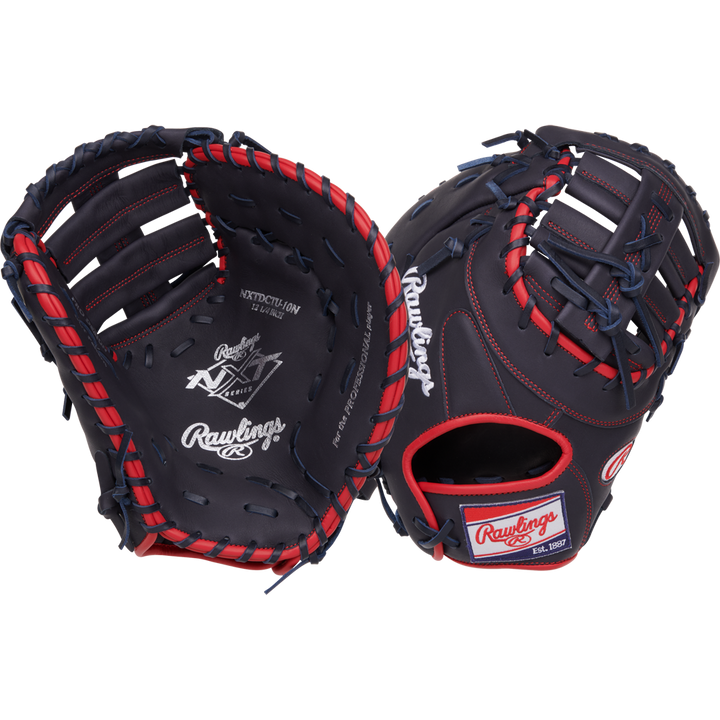 Two dark blue Rawlings NXT 12.25" First Base Mitts (NXTDCTU-10N) with red lacing and white logos are shown—one showing the palm, the other the back patch and finger slots—ideal for travel ball players.