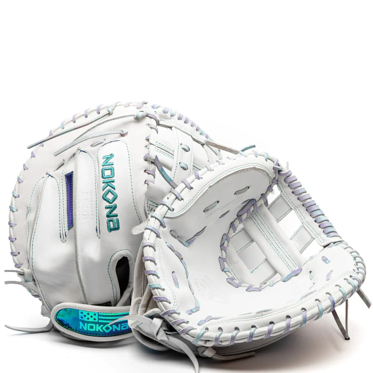 Two white Nokona Halo 34″ Fastpitch Catcher’s Mitt: WHT-EPV3400H catchers mitts with iridescent lacing and teal embroidered details.