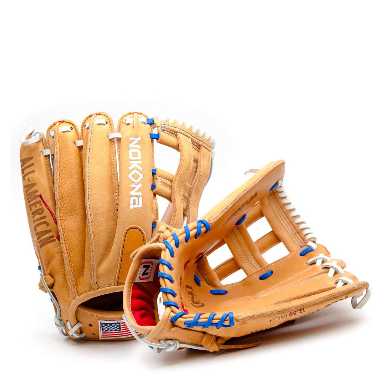 Two Nokona S1 All-American 12.5″ Baseball Glove: S1-EP800POP tan leather baseball gloves with red, white, and blue laces, featuring an American flag patch and embossed text.