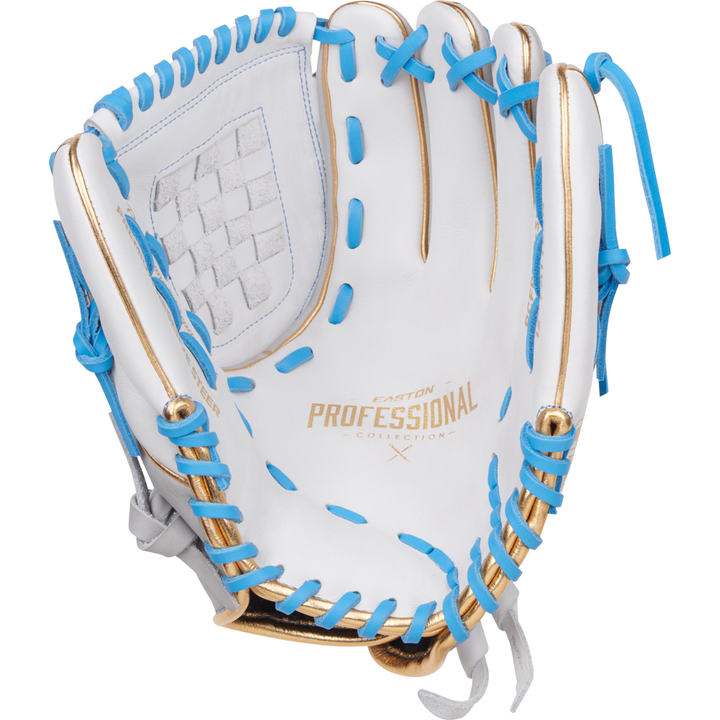 The Easton Pro Collection 12" Fastpitch Softball Glove (PCFP120-3WG) is a white glove with blue and gold laces, featuring "EASTON PROFESSIONAL COLLECTION" printed on the palm.