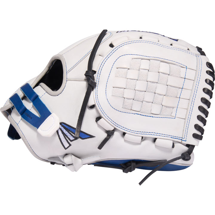 The Easton Pro Collection 12.5" Fastpitch Softball Glove (PCFP125-3WR) features a white and blue design with black laces, a woven pocket, and premium steerhide leather, shown from the side on a white background.