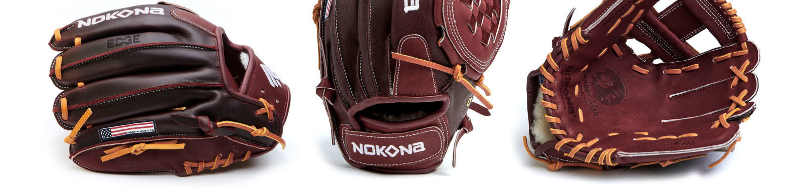 Three views of a maroon Nokona baseball glove with tan laces: side, back, and open palm showing the manufacturers logo and an American flag patch stitched on the side.