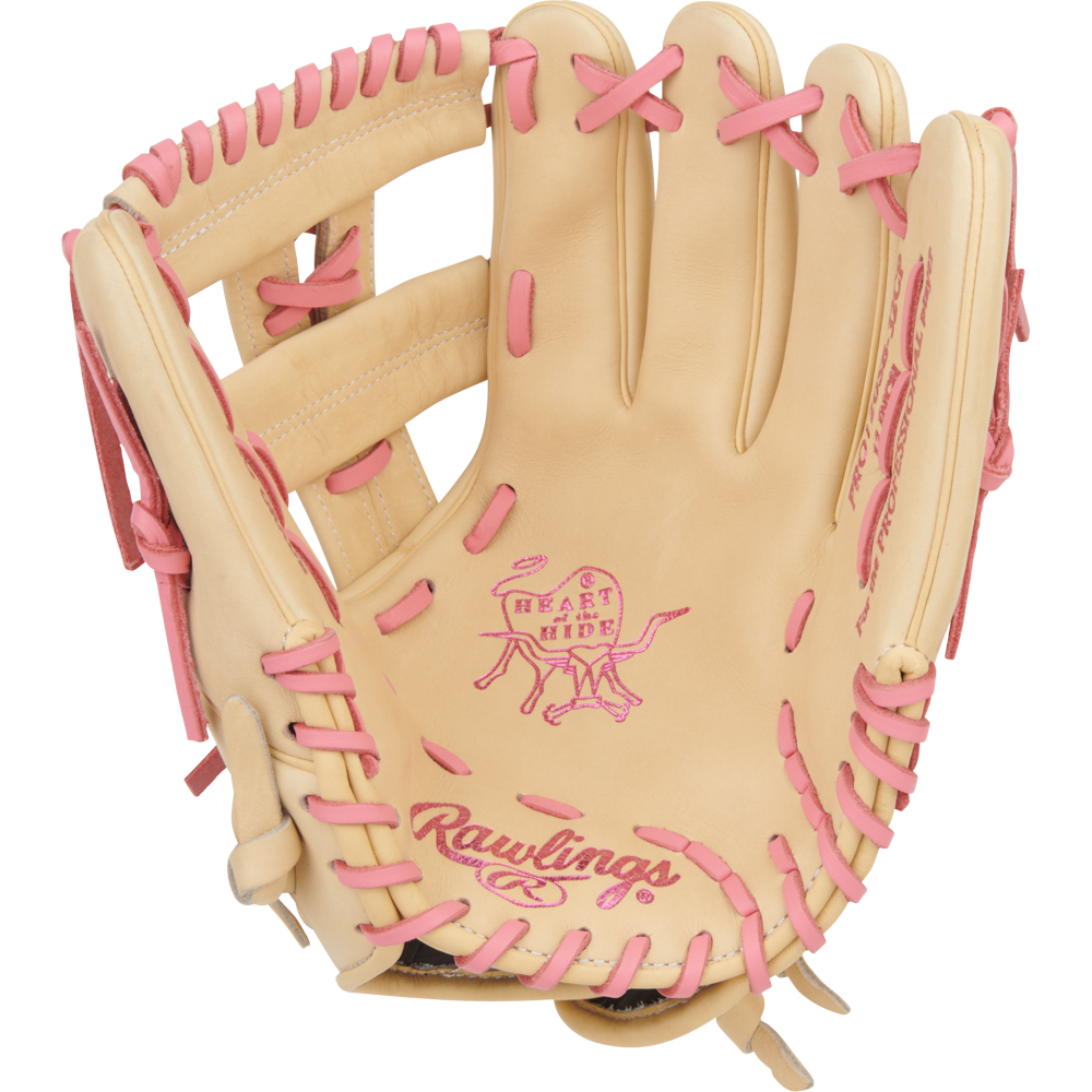 The Rawlings Heart of the Hide 12" Fastpitch Glove (PRO120SB-32CP) features a tan design with pink laces and stitching, plus signature branding on the palm and wrist, offering dedicated players both style and performance.