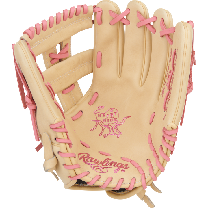 The Rawlings Heart of the Hide 12" Fastpitch Glove (PRO120SB-32CP) features a tan design with pink laces and stitching, plus signature branding on the palm and wrist, offering dedicated players both style and performance.