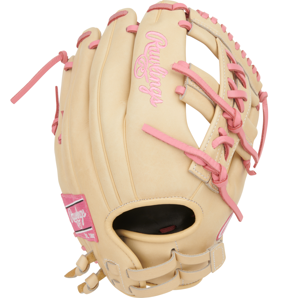 A Rawlings Heart of the Hide 12" Fastpitch Glove (PRO120SB-32CP) in tan with pink laces and pink Rawlings logos, for right-handed throwers, is shown against a white background.