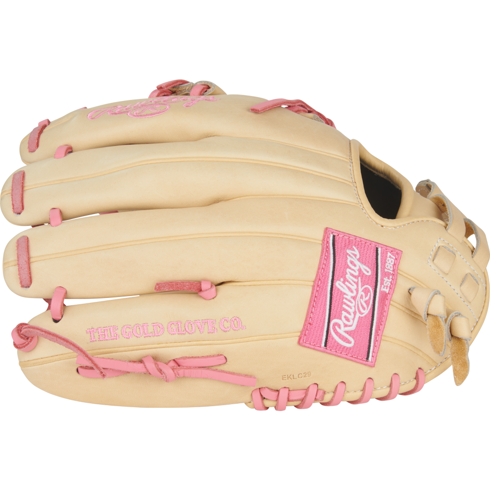 The Rawlings Heart of the Hide 12" Fastpitch Glove (PRO120SB-32CP) features a tan design with pink stitching, pink Rawlings logo patch, and âTHE GOLD GLOVE CO.â labelâcrafted for serious fastpitch players.